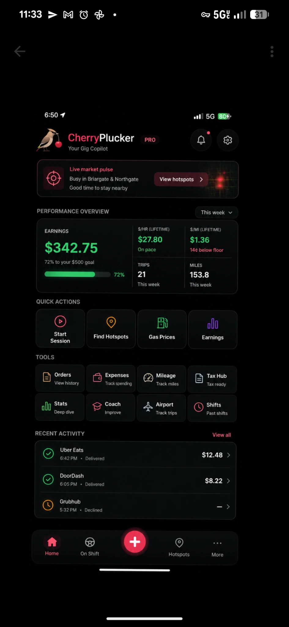 CherryPlucker performance dashboard showing earnings, hourly pace, hotspots, expenses, mileage and recent activity