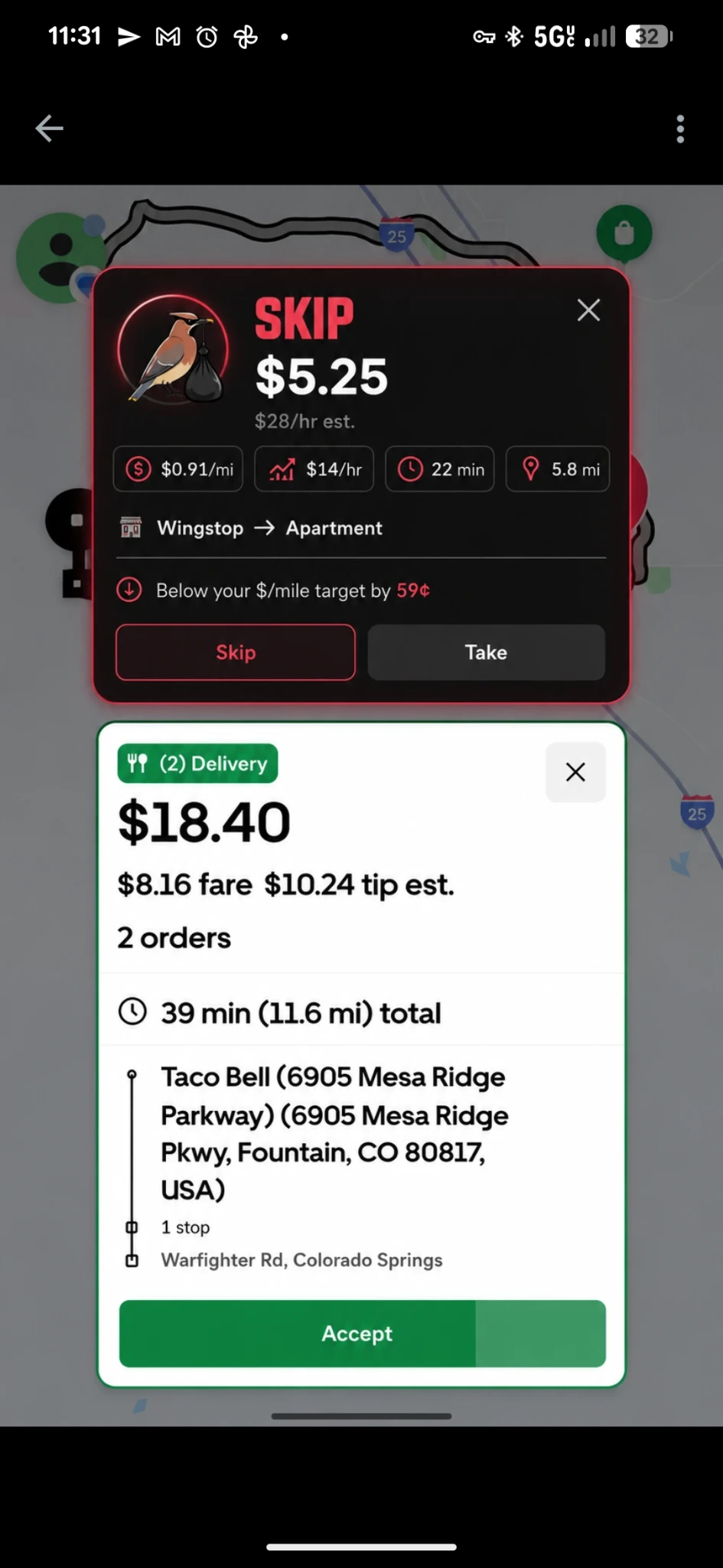 CherryPlucker SKIP recommendation showing a low-value order against mileage and hourly targets