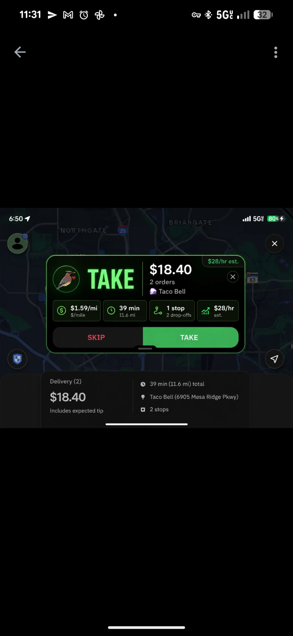 CherryPlucker TAKE recommendation overlay comparing order value, time, mileage and estimated hourly rate