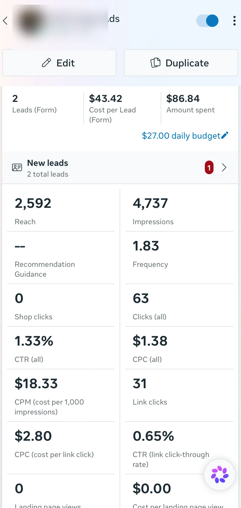 Privacy-safe ads dashboard screenshot showing early paid campaign metrics