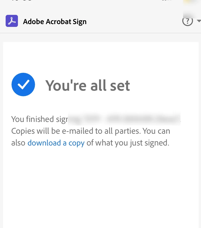 Blurred contract confirmation showing a completed signature