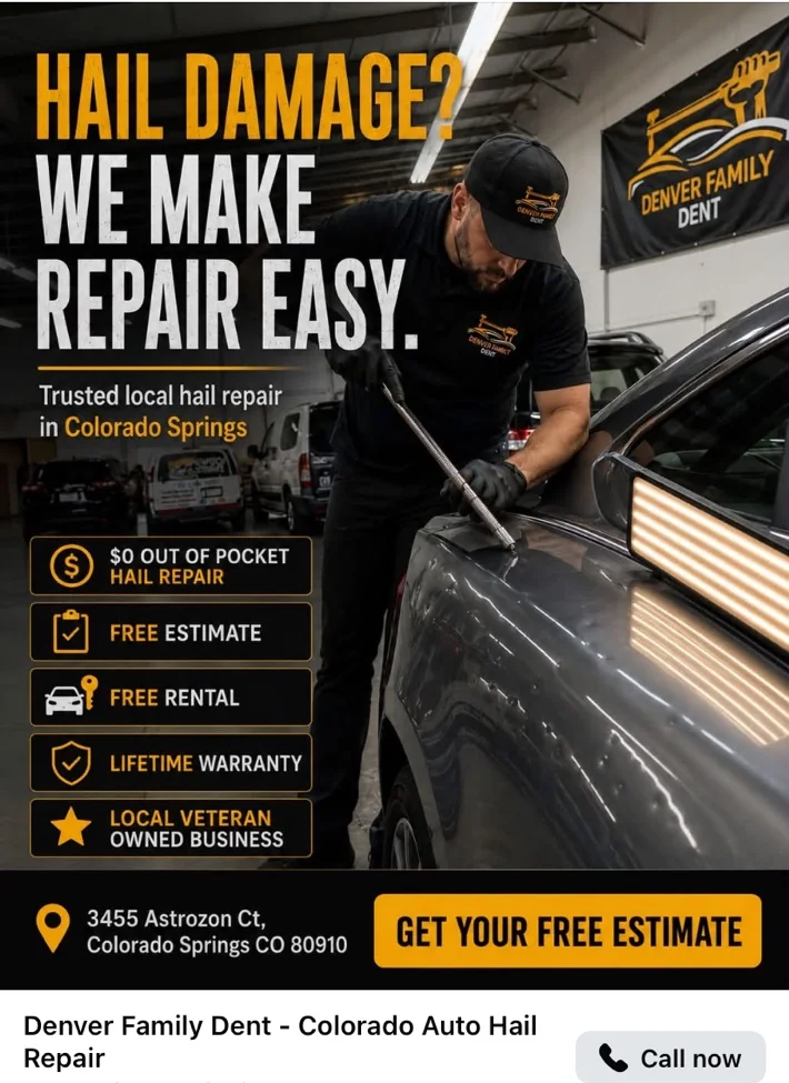 Promoted hail repair post showing a live creative variation used during the campaign